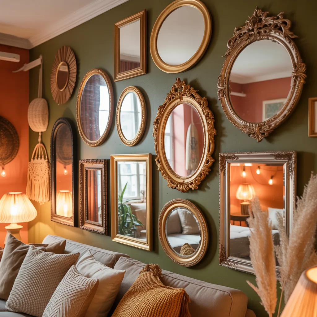 Bohemian vintage mirror gallery wall with mixed
ornate gold and wood frames