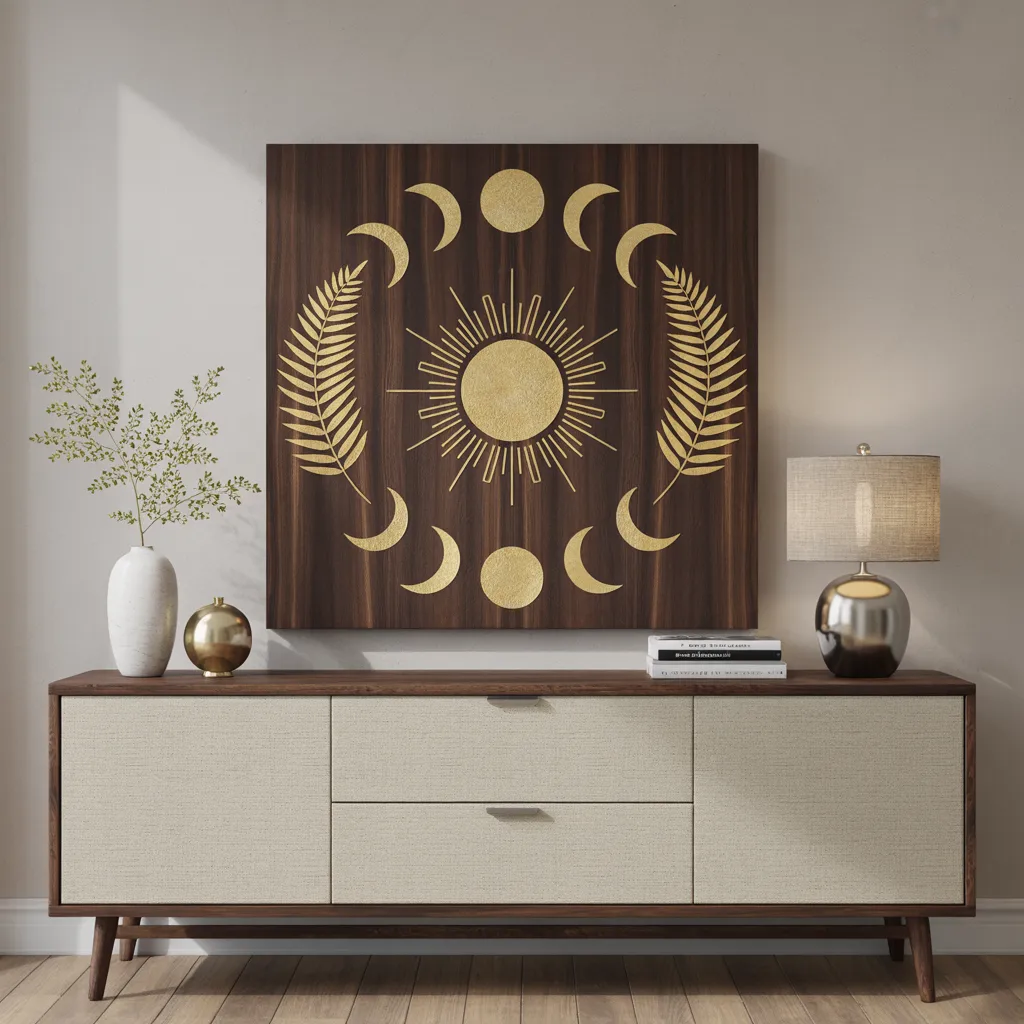 Dark walnut wood panel engraved with sun moon phases
and fern fronds boho wall decor