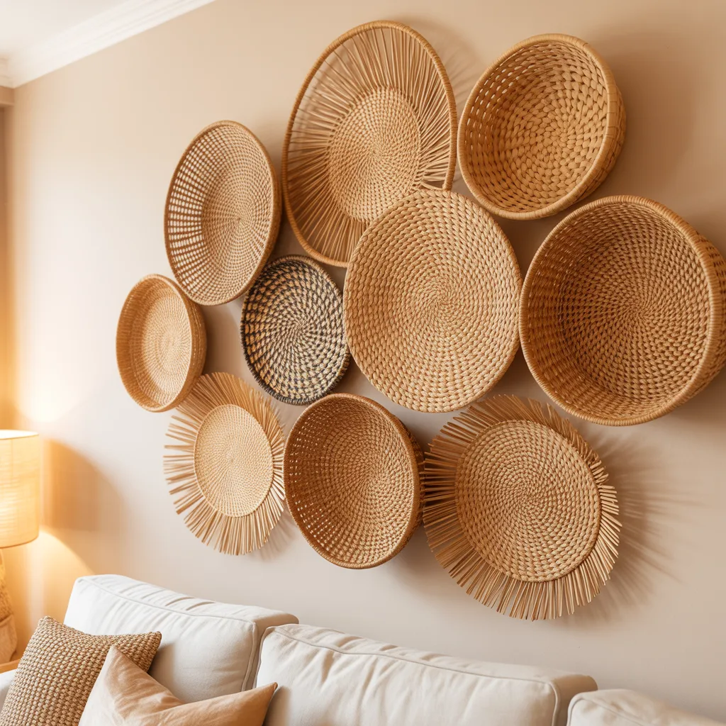 Bohemian woven basket gallery wall with rattan and
seagrass in varying sizes