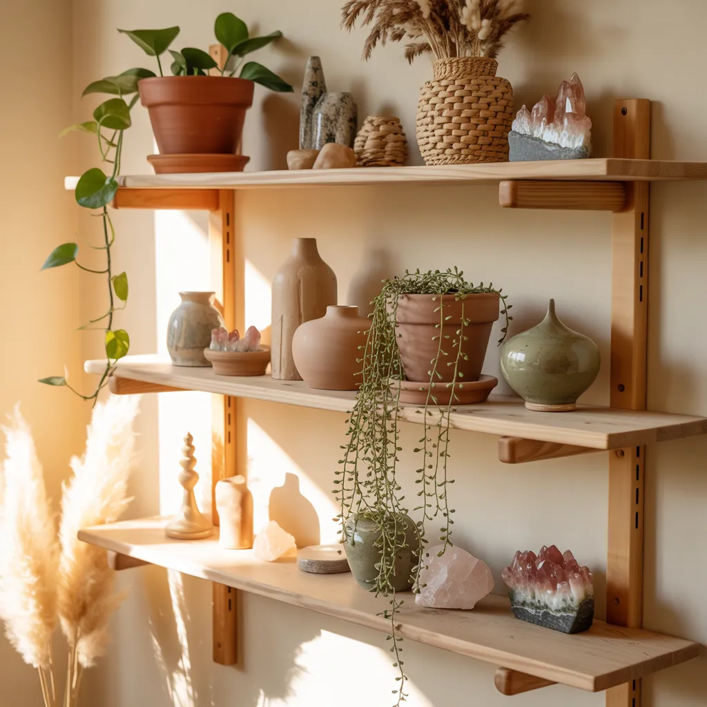 Bohemian floating shelf wall with terracotta pots
trailing plants and handmade ceramics