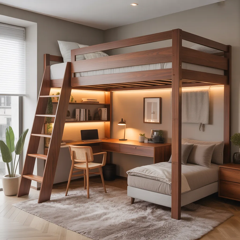 loft bed with workspace underneath in small studio apartment
