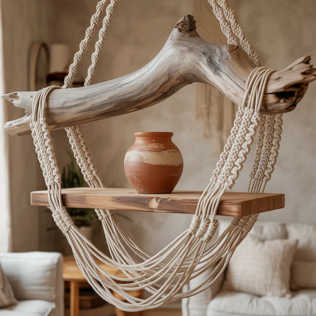 Intricate driftwood macrame pocket shelf with cream
cotton cords and small clay pot