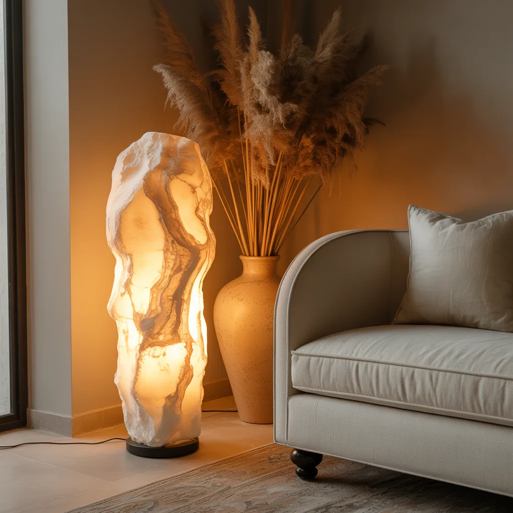 Raw alabaster stone floor lamp glowing amber in a luxury bohemian living room corner with linen chaise lounge and pampas grass
