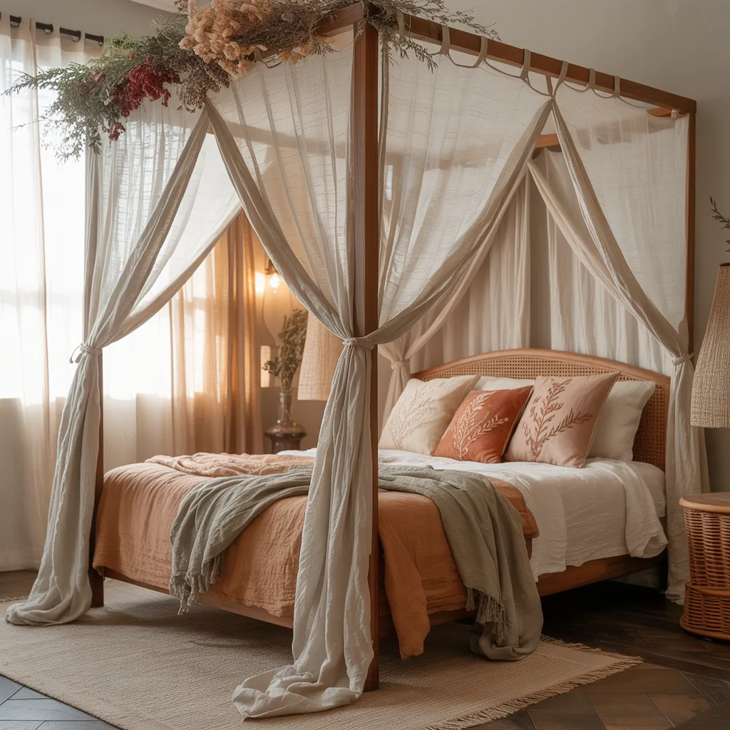 Luxury bohemian bedroom with four-poster wooden canopy bed draped in organic ivory silk and linen with earth-tone embroidered cushions