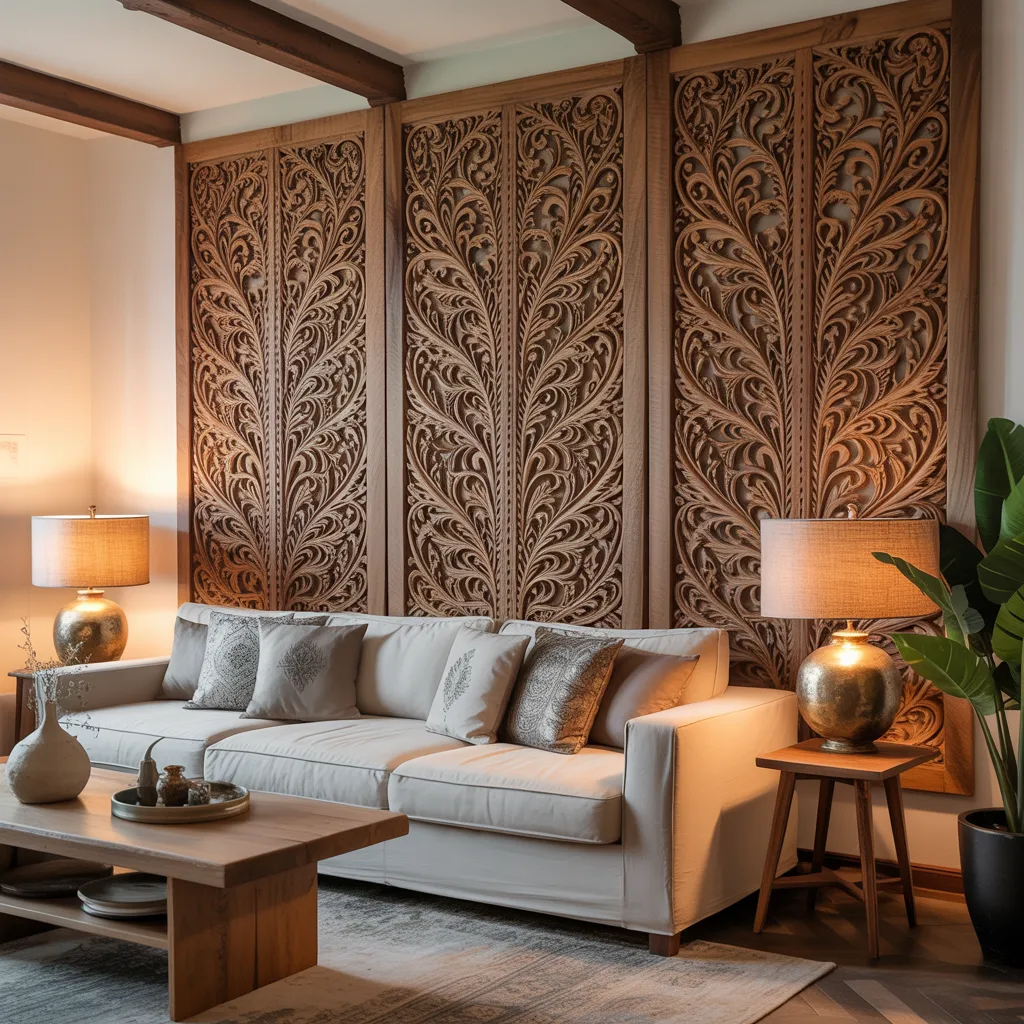 Floor-to-ceiling hand-carved reclaimed teak wood accent wall with deep filigree patterns in a luxury bohemian living room