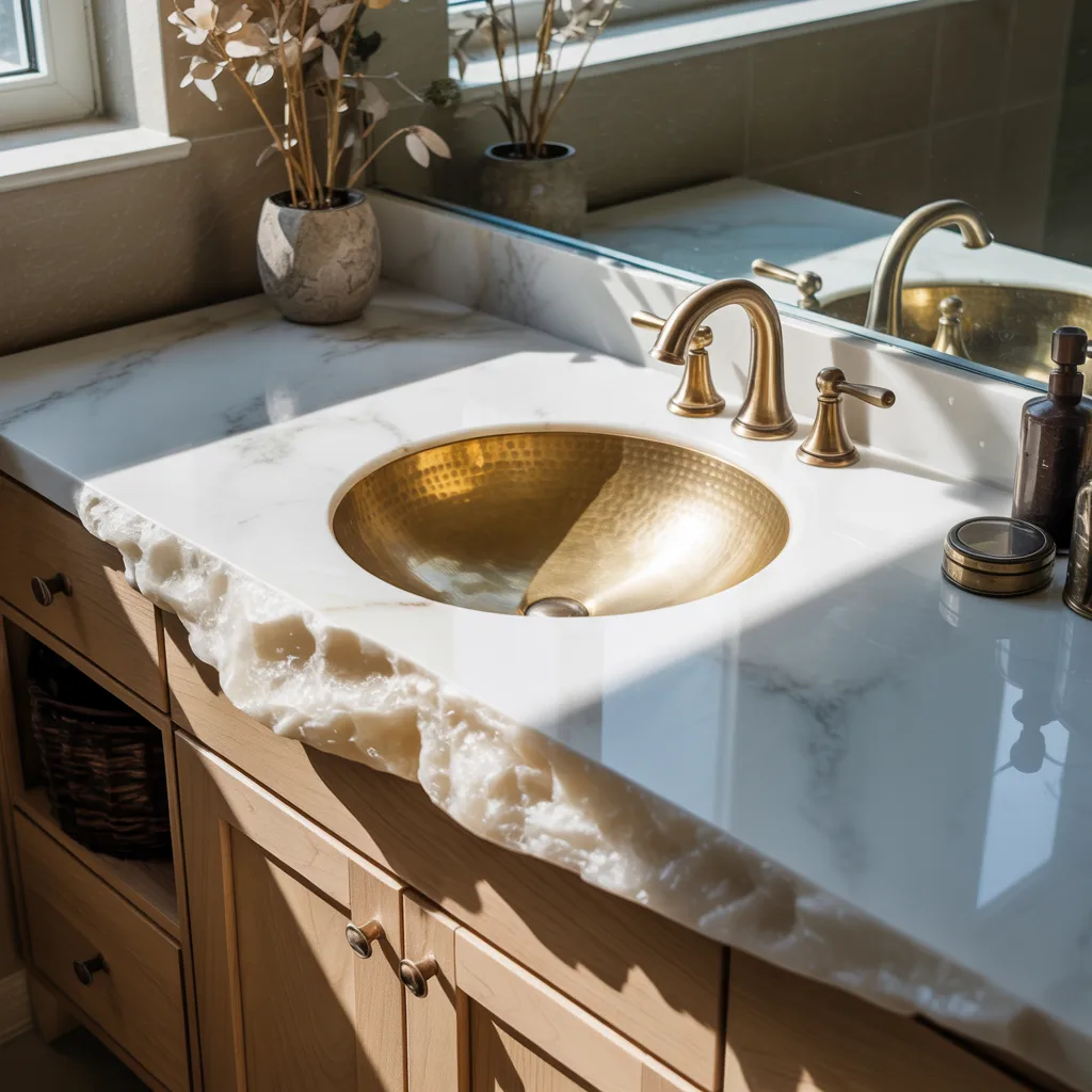 Luxury master bathroom with oversized raw white quartz live-edge vanity slab and hammered brass sink bowl