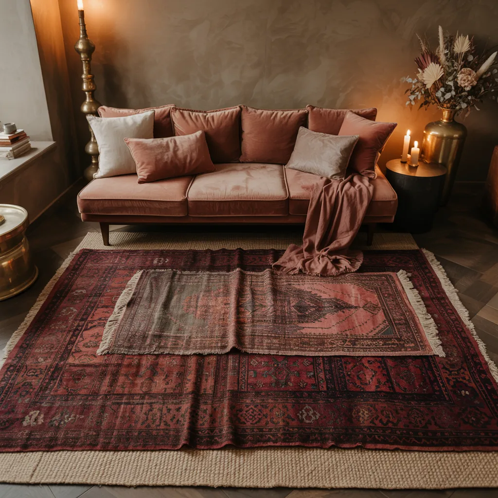 Layered vintage Persian and Moroccan rugs in terracotta and burgundy tones under a low-slung velvet sofa in a luxury bohemian living room