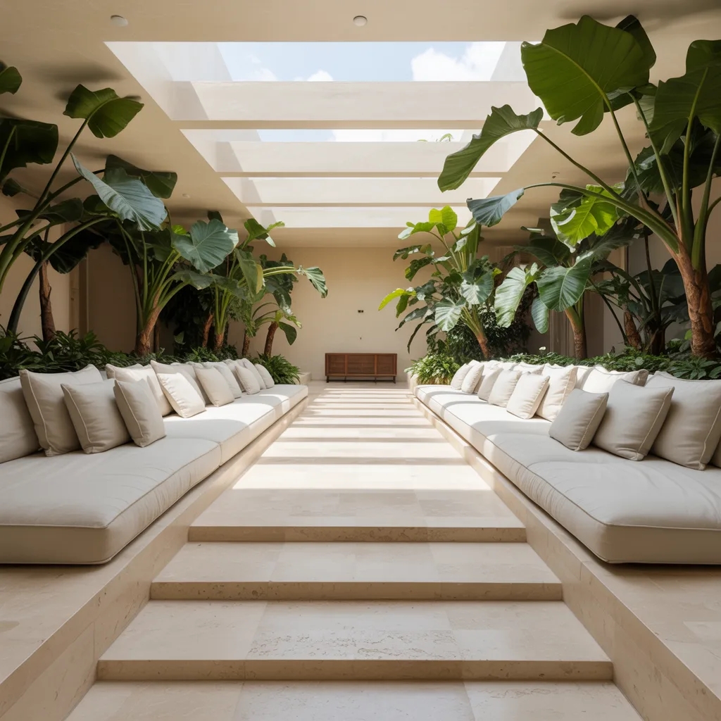 Architectural sunken living room lined with cream honed travertine stone and oversized ivory linen cushions surrounded by indoor tropical trees
