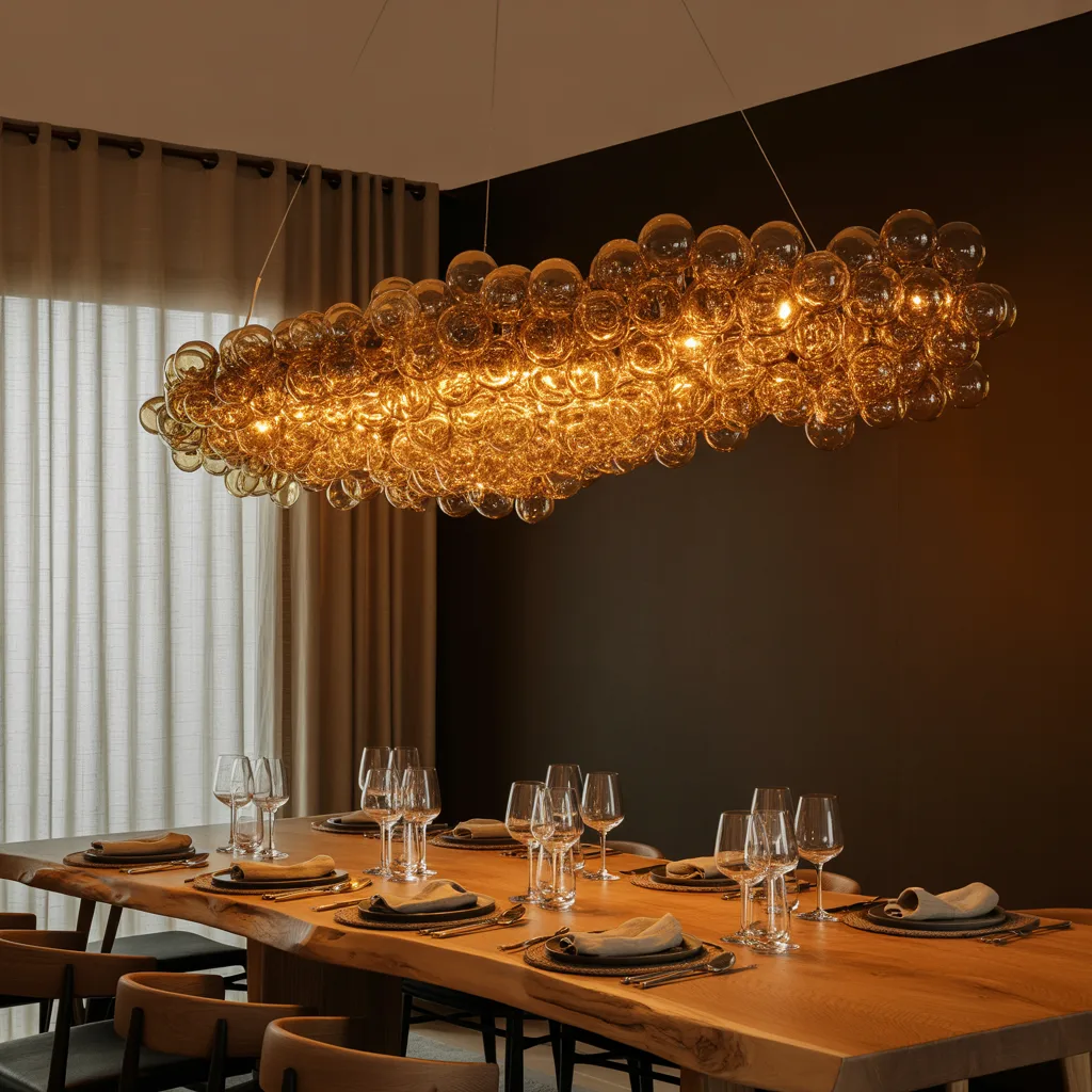 Hand-blown amber Murano glass droplet chandelier hanging over a live-edge oak dining table in a luxury bohemian dining room
