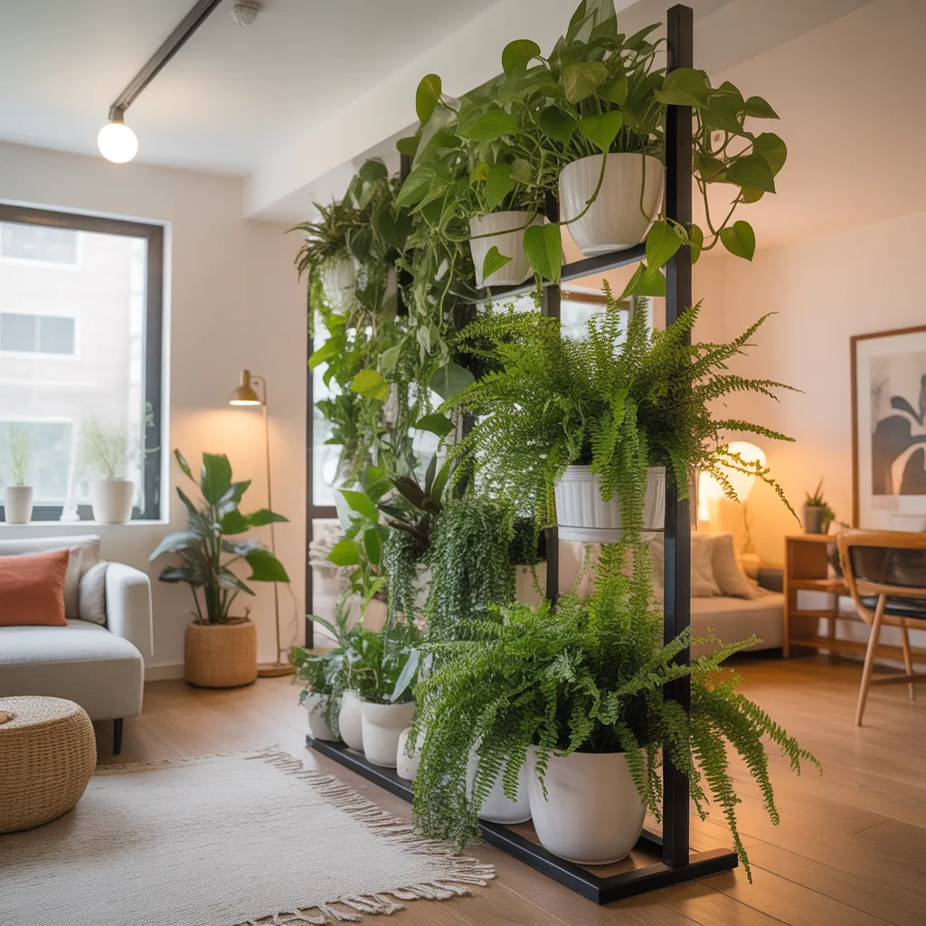 vertical plant stand as room divider in small single room