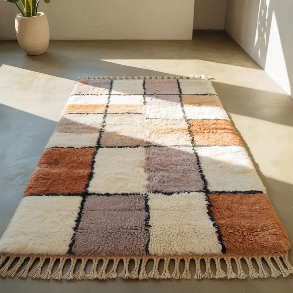 Thick plush Moroccan Boujaad rug hand-woven from organic wool in clay, cream and ochre tones on polished concrete floor
