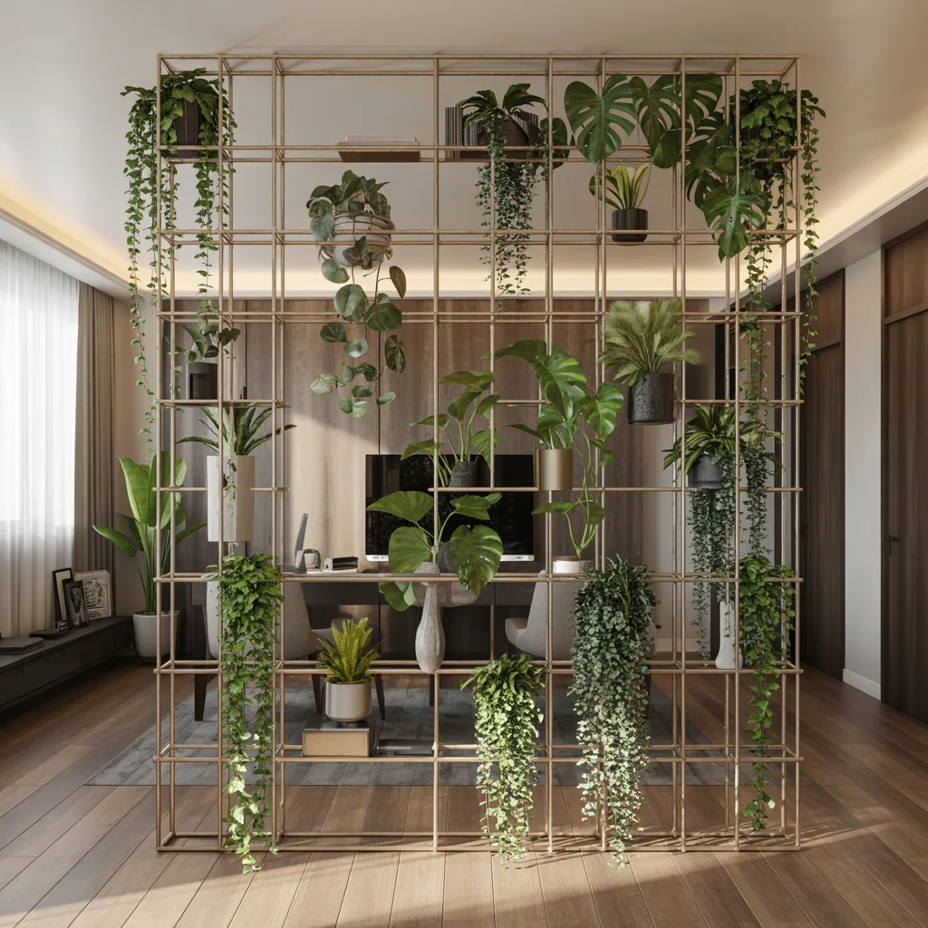 Ceiling-mounted brass grid living green wall divider with climbing pothos and monstera vines in a luxury open-plan interior