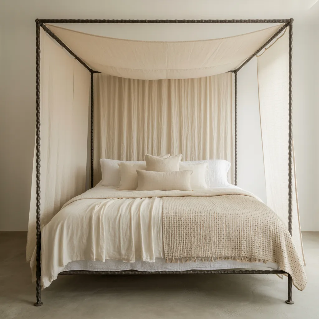 Minimalist four-poster raw iron canopy bed with matte black finish dressed in ivory linen bedding and vintage silk Kantha quilt