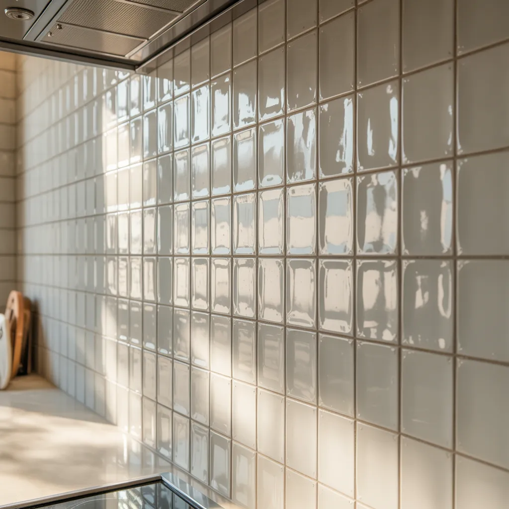 Authentic hand-chiseled Moroccan Zellige tiles in pearlescent white and cream on a luxury kitchen or bathroom feature wall