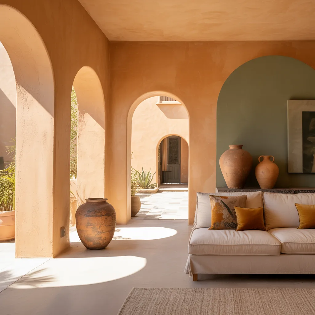 Luxury bohemian interior with warm terracotta plastered walls, sage green accents, limewash finish and handmade ceramic vessels