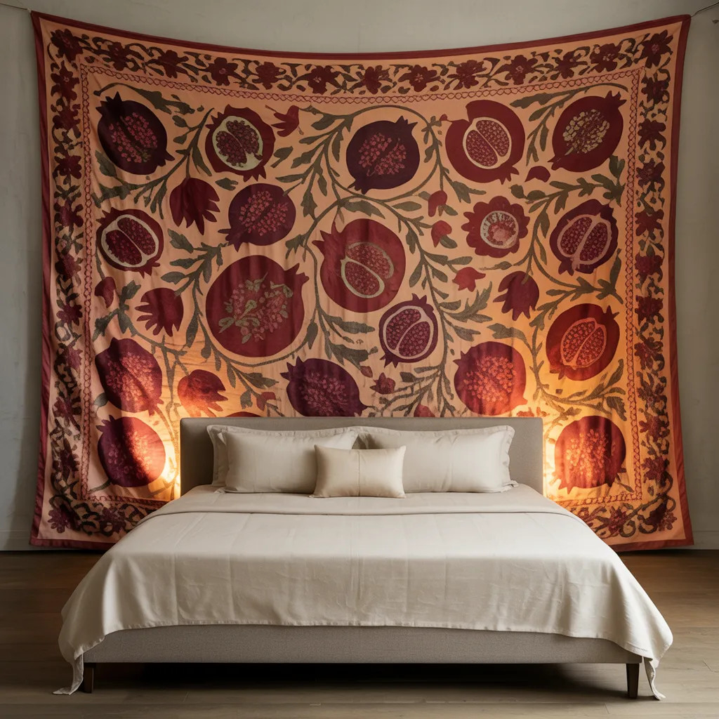 Vintage hand-embroidered silk Suzani wall tapestry with pomegranate motifs in ruby and terracotta above a low platform bed