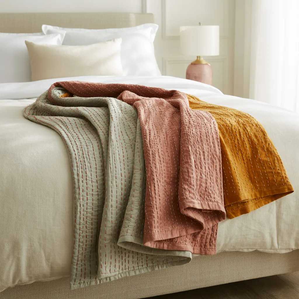 Upcycled vintage silk Kantha quilt with hand-stitched patterns in sage, dusty rose and rust draped over ivory linen bedding