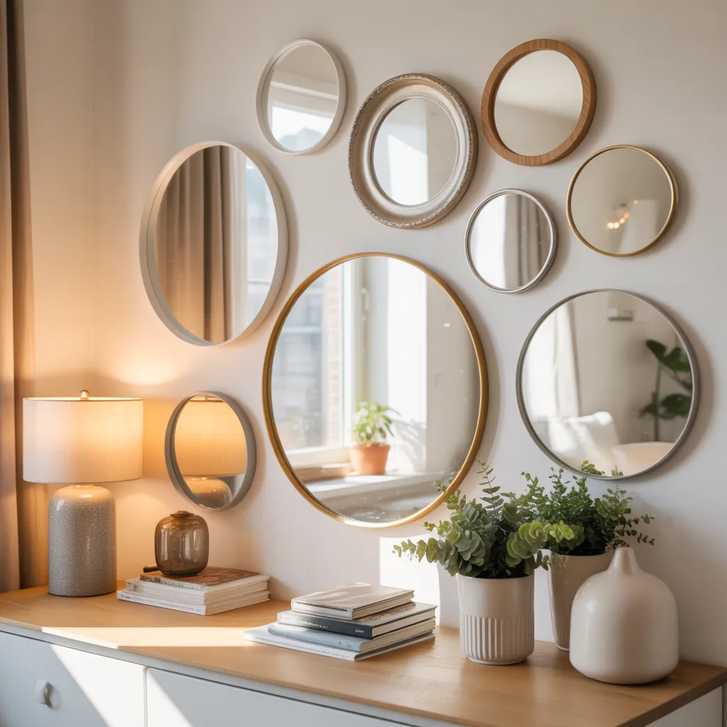 mirrored gallery wall to make small room look bigger
