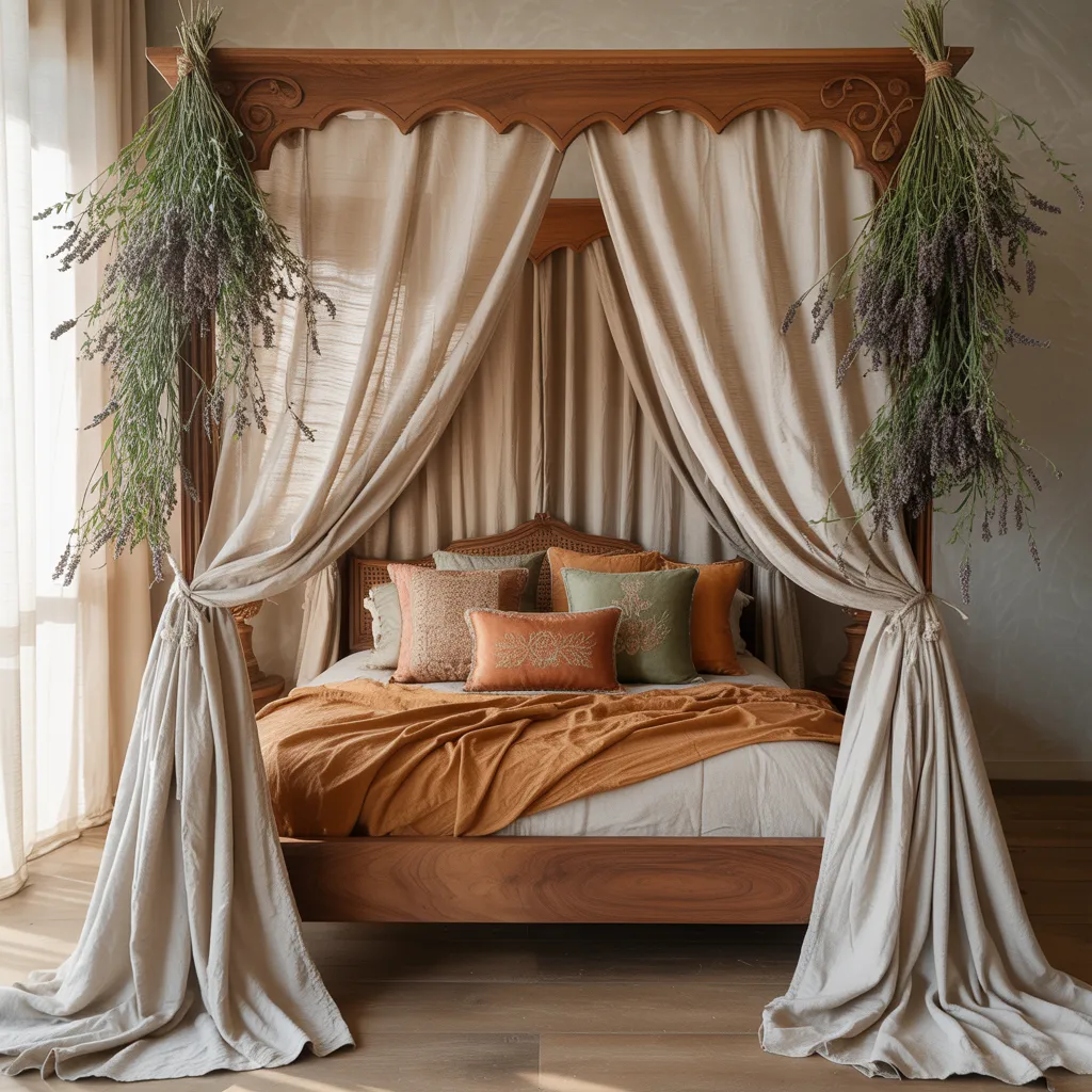 Organic linen canopy bed with boho cushions in a serene bedroom
