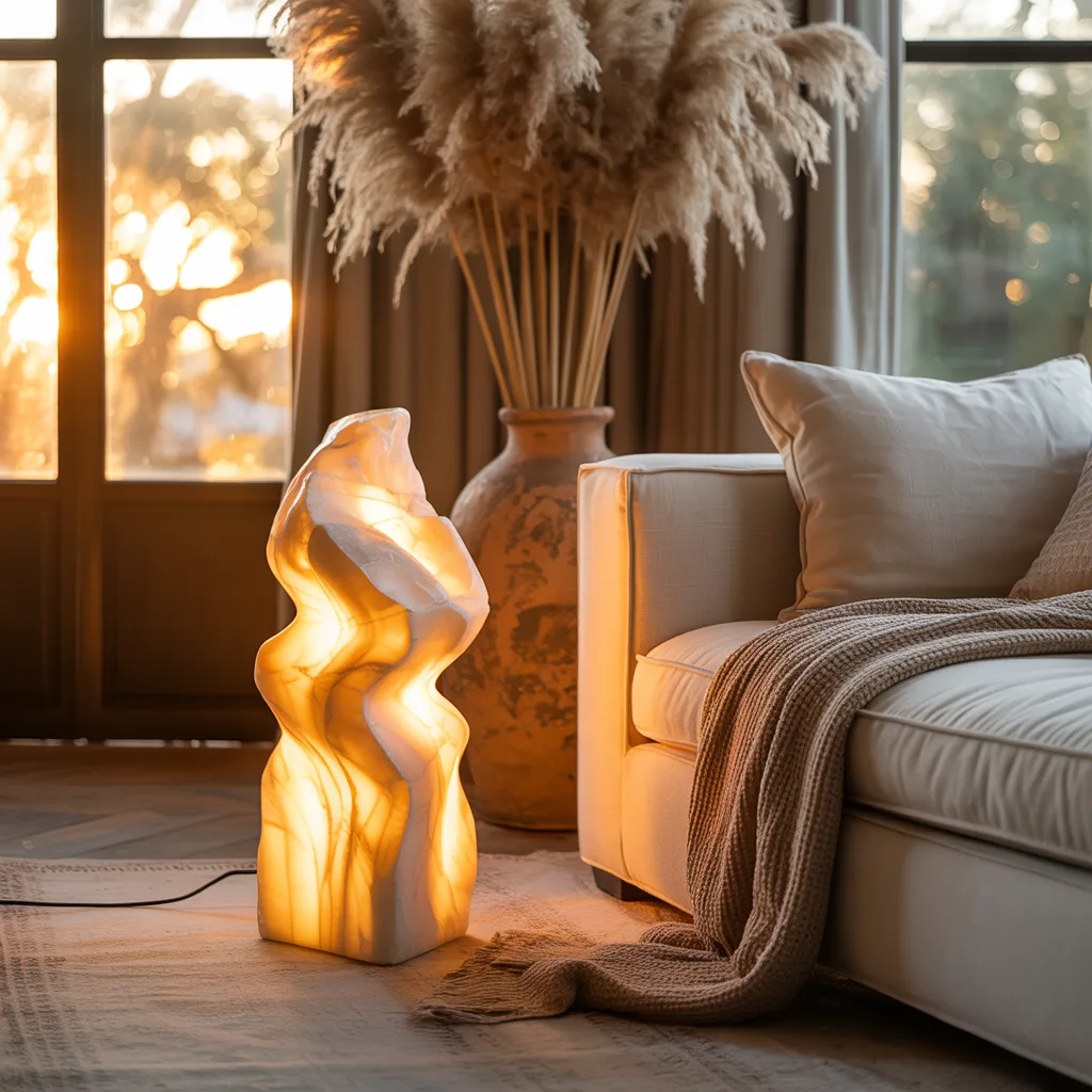 Raw alabaster stone lamp with warm amber glow on a boho side table
