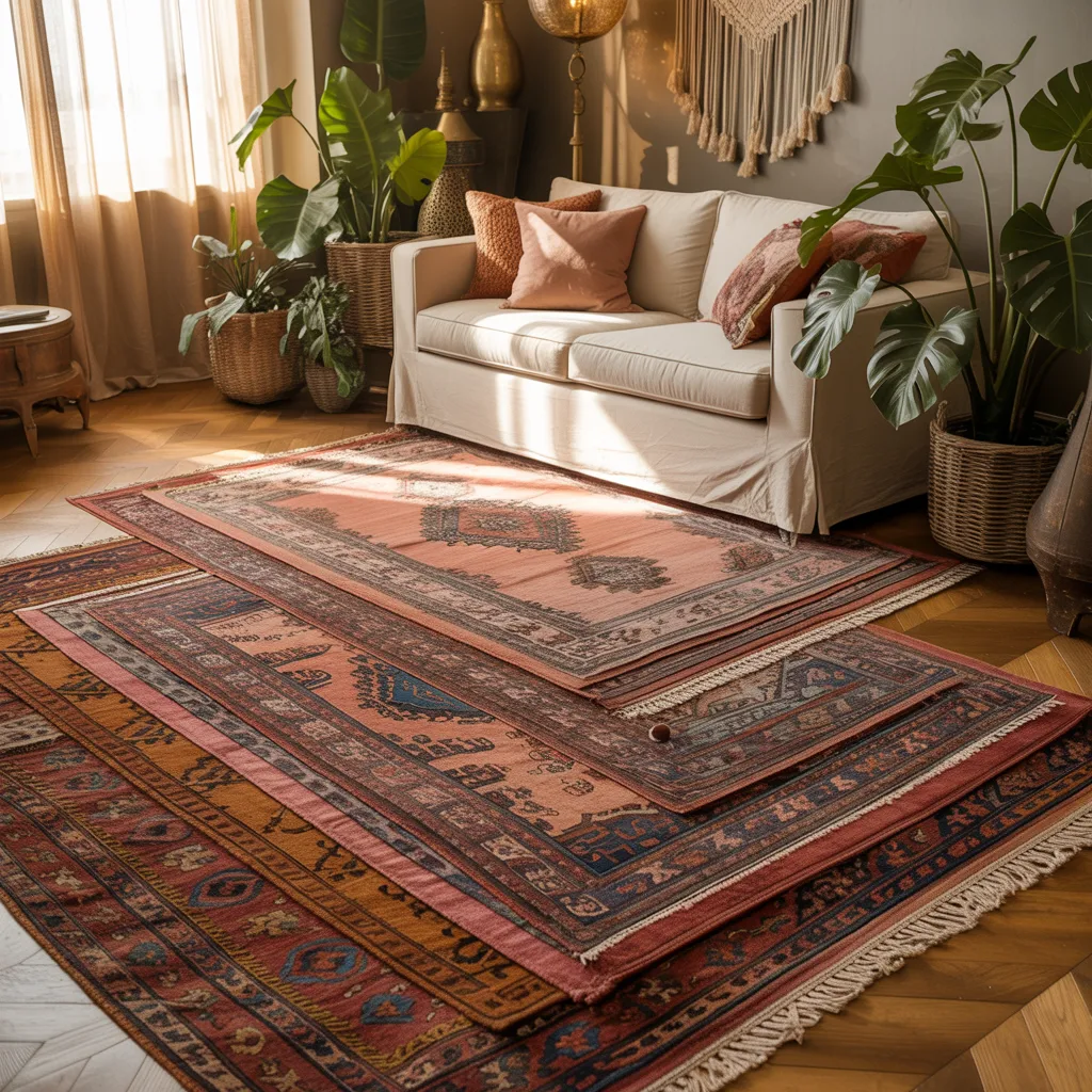 Layered vintage Persian and Moroccan rugs on jute in a bohemian living room
