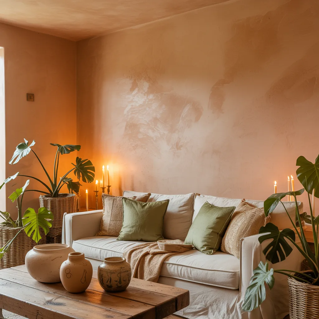 Bohemian living room with terracotta walls and warm earthy tones
