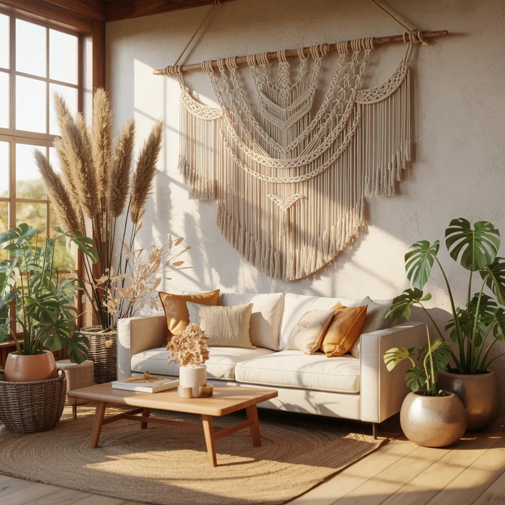 Large handmade macrame wall hanging above a linen sofa

