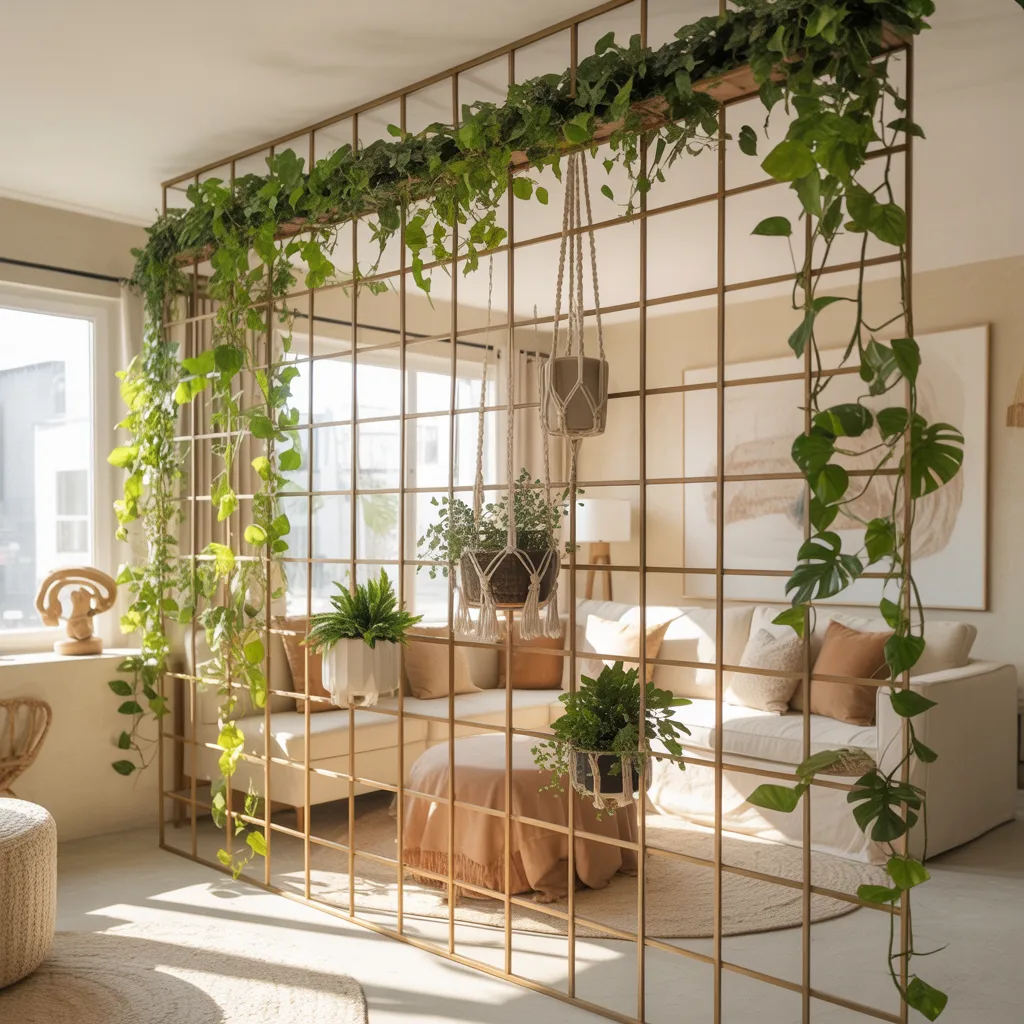 Vertical indoor plant wall with monstera and pothos in a bohemian home
