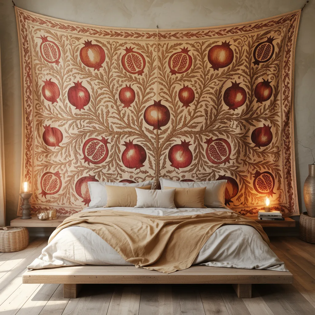 Authentic vintage Uzbek Suzani tapestry hanging above a bed
