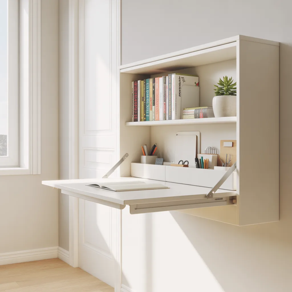 murphy desk folded into wall in compact single room
