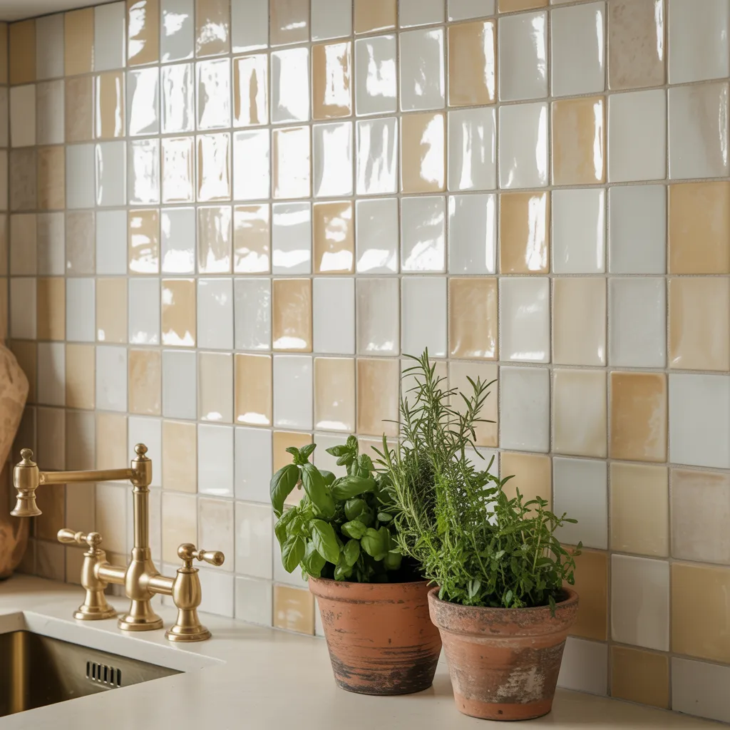 Authentic hand-chiseled Moroccan Zellige tiles on a kitchen accent wall

