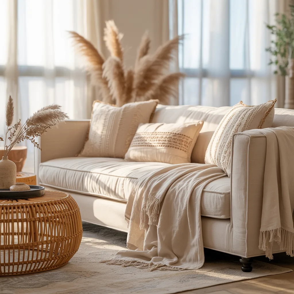 Certified organic linen sofa and cotton throw blankets in a boho interior
