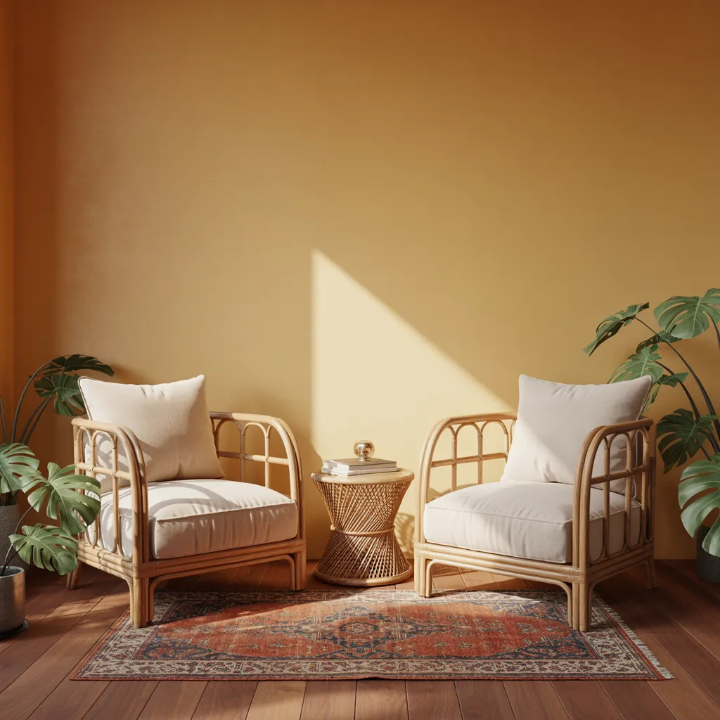 Rattan armchair and cane side table in a chic bohemian living room
