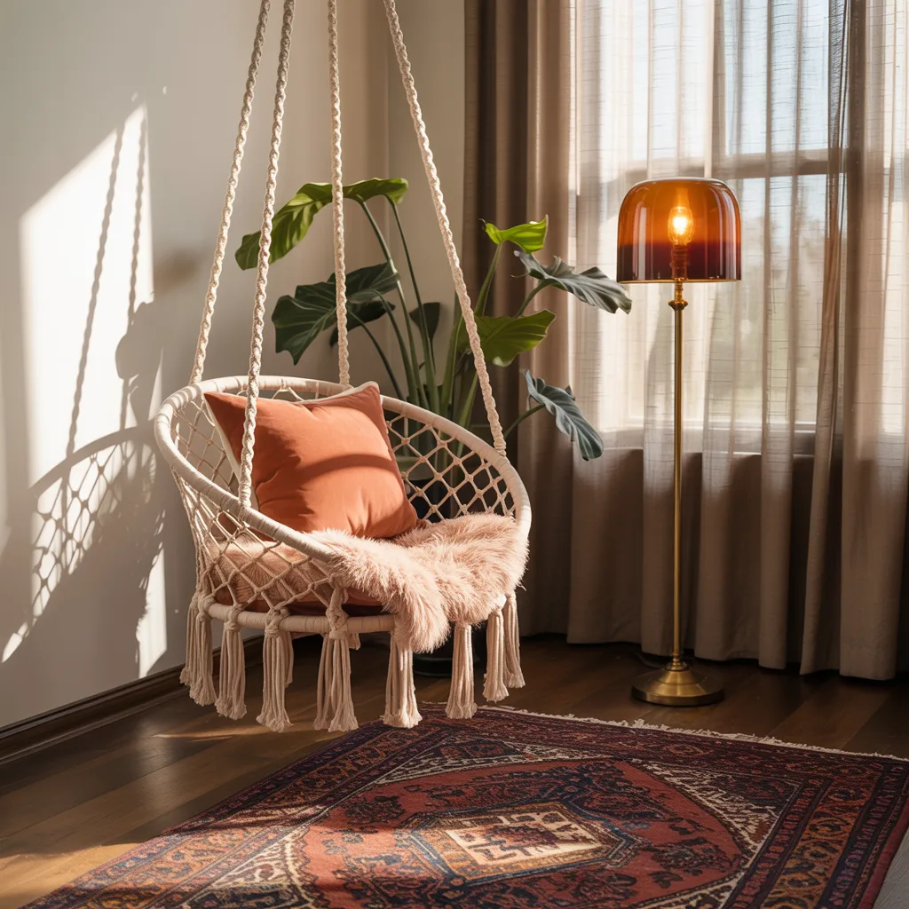 Macrame swing chair reading nook with alabaster lamp and monstera plant
