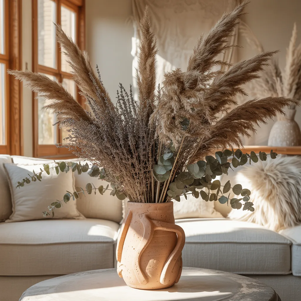 Dried pampas grass and eucalyptus in terracotta vases on a boho coffee table
