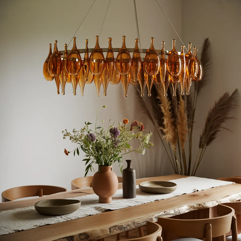 Woven rattan chandelier above a boho dining table with linen runner

