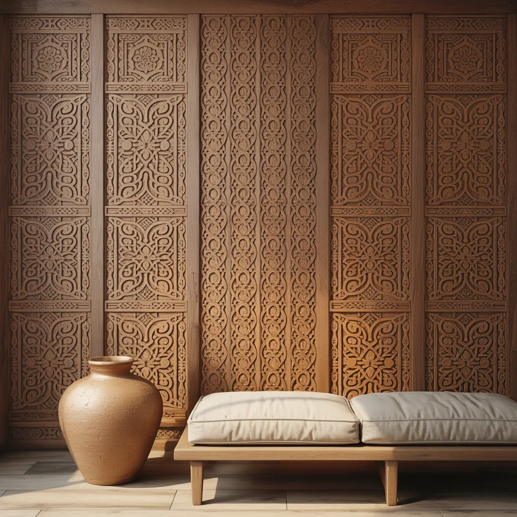 Hand-carved salvaged teak wood panel on a boho feature wall
