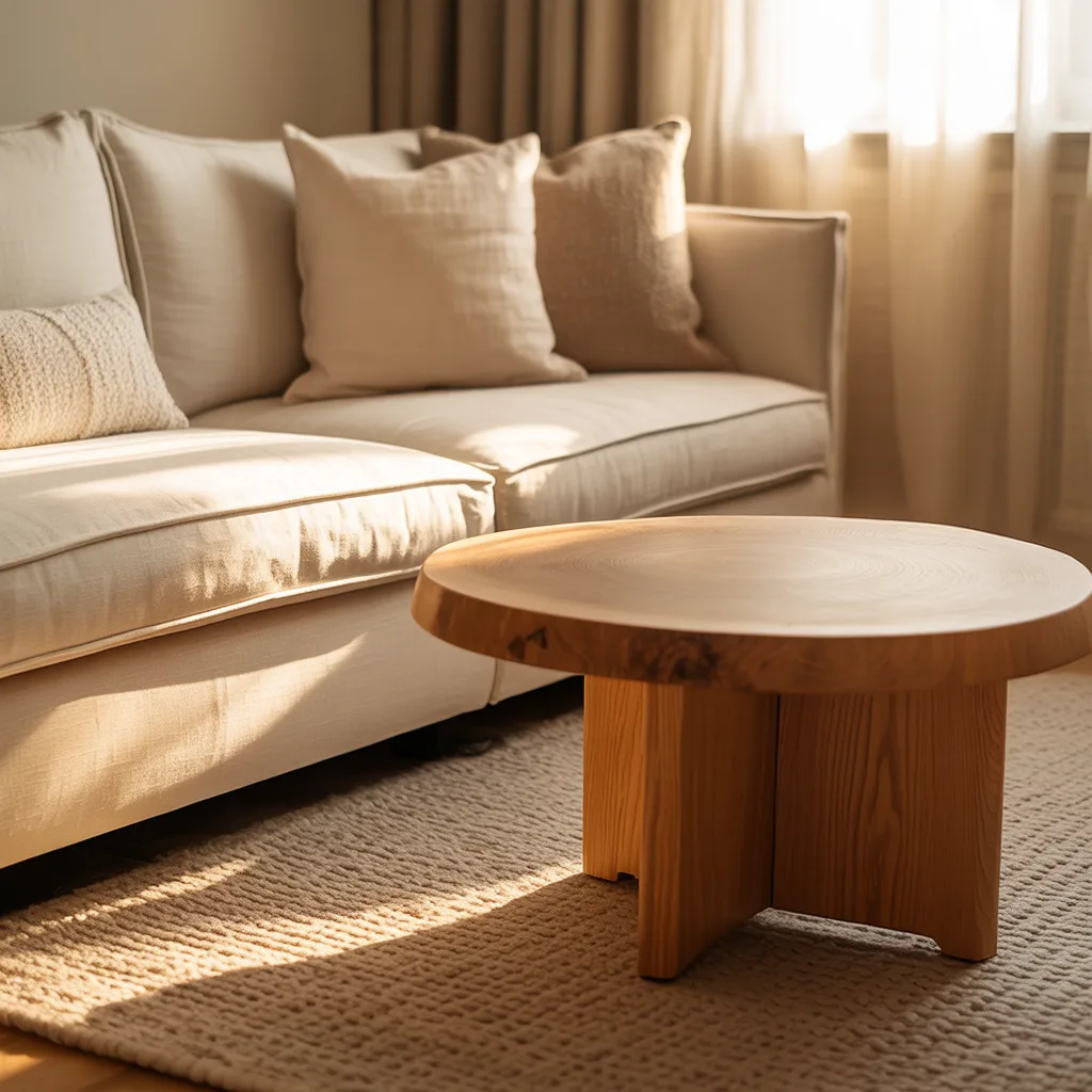 Cozy minimalist living room with layered warm neutral tones, cream linen sofa, jute rug, and natural light