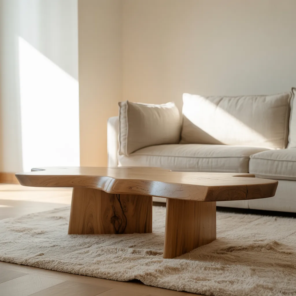 minimalist living room with sculptural live-edge oak coffee table, bouclé rug, and linen sofa