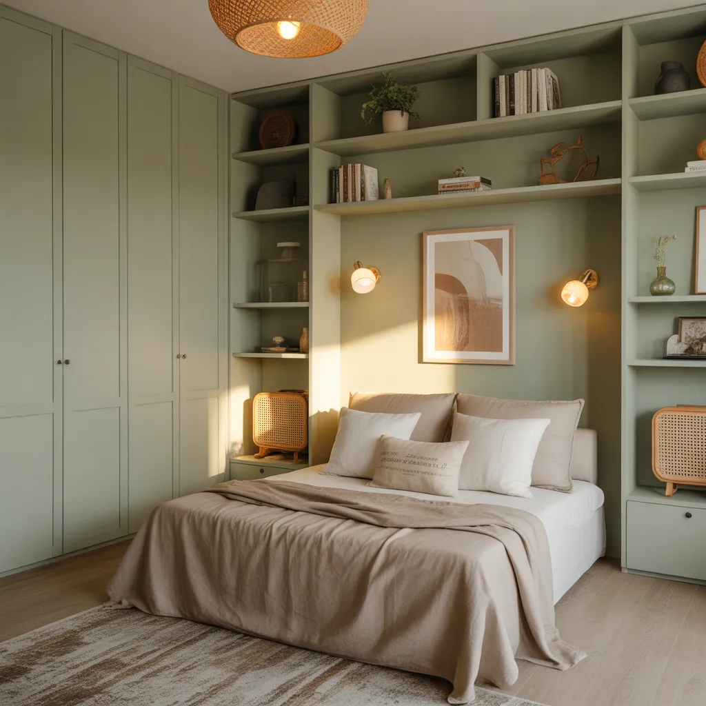 sage green monochrome color drenching in small room