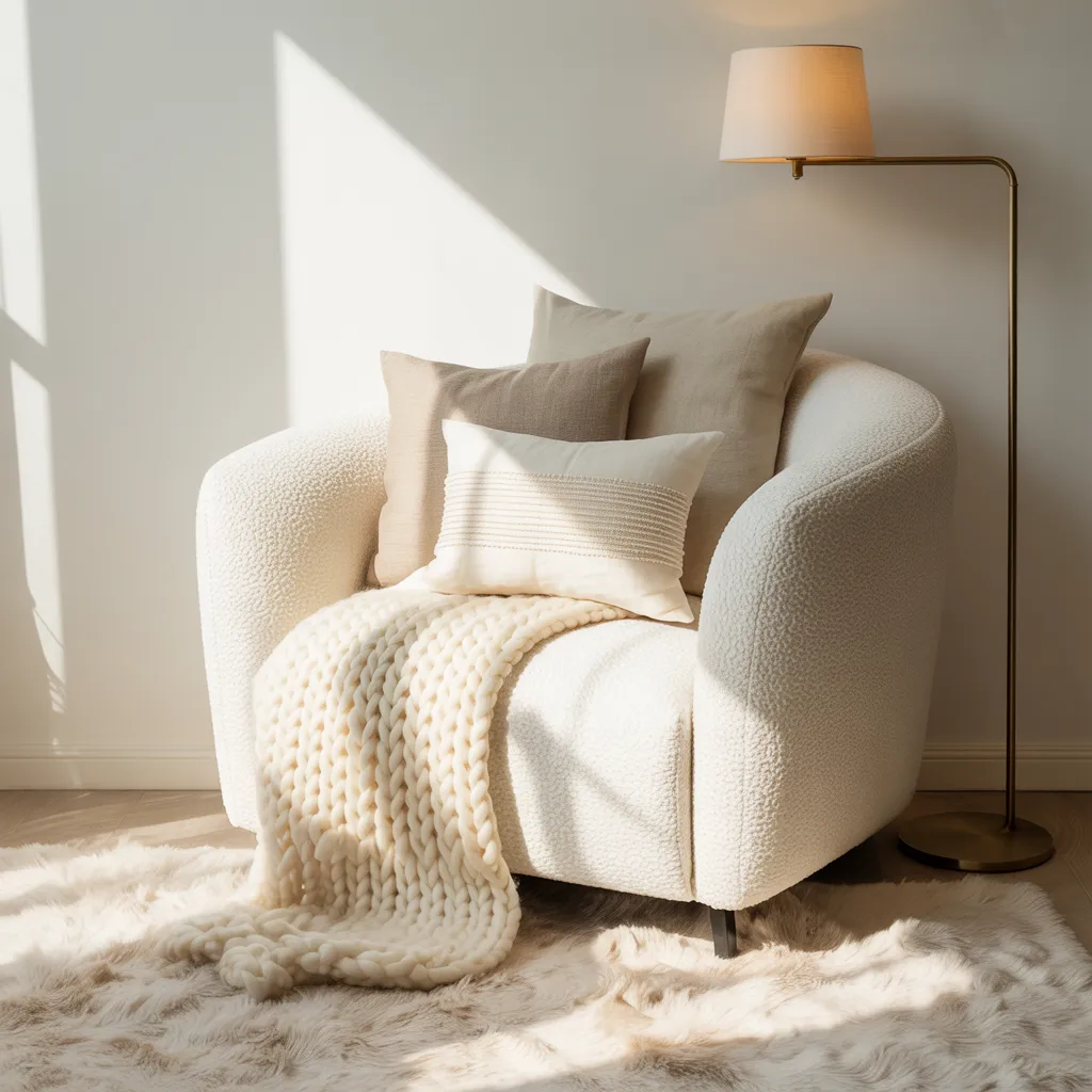 Cozy minimalist living room with bouclé armchair, chunky knit throw, and layered linen cushions