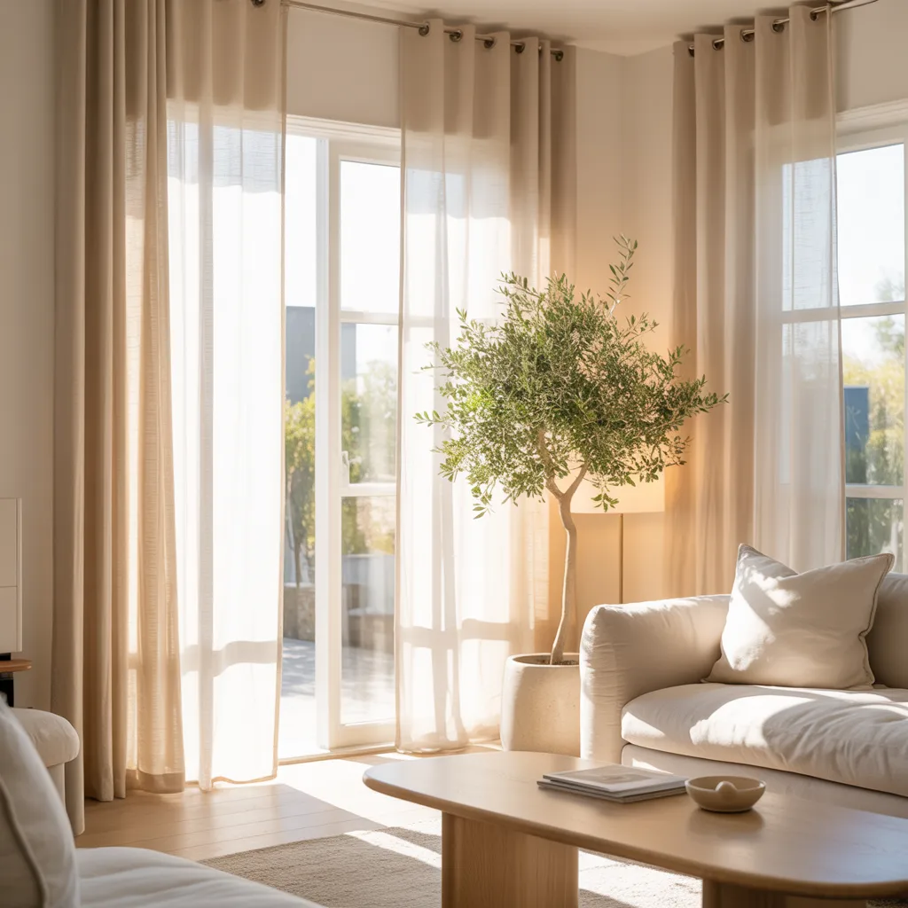 Bright minimalist living room with sheer linen curtains, natural sunlight, and indoor olive tree