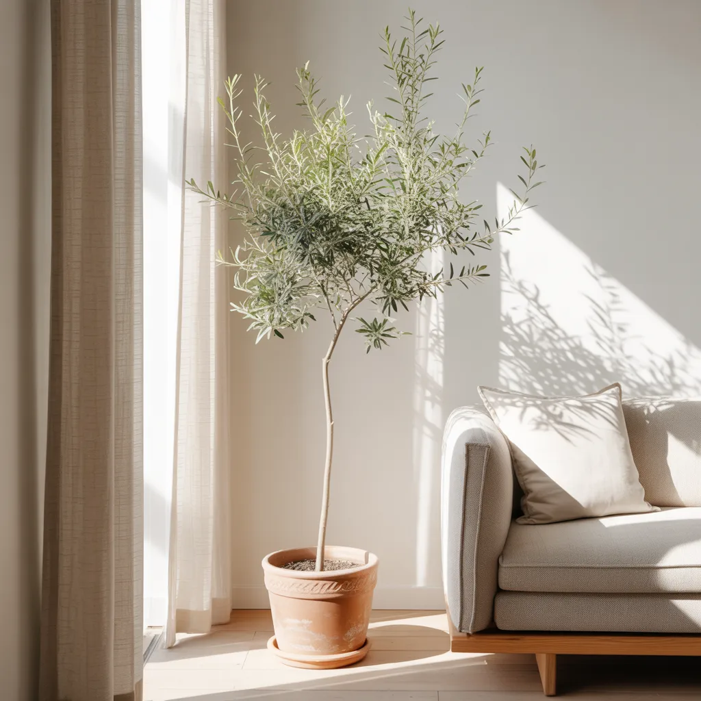 Cozy minimalist living room corner with a tall indoor olive tree in terracotta pot and sheer curtains
