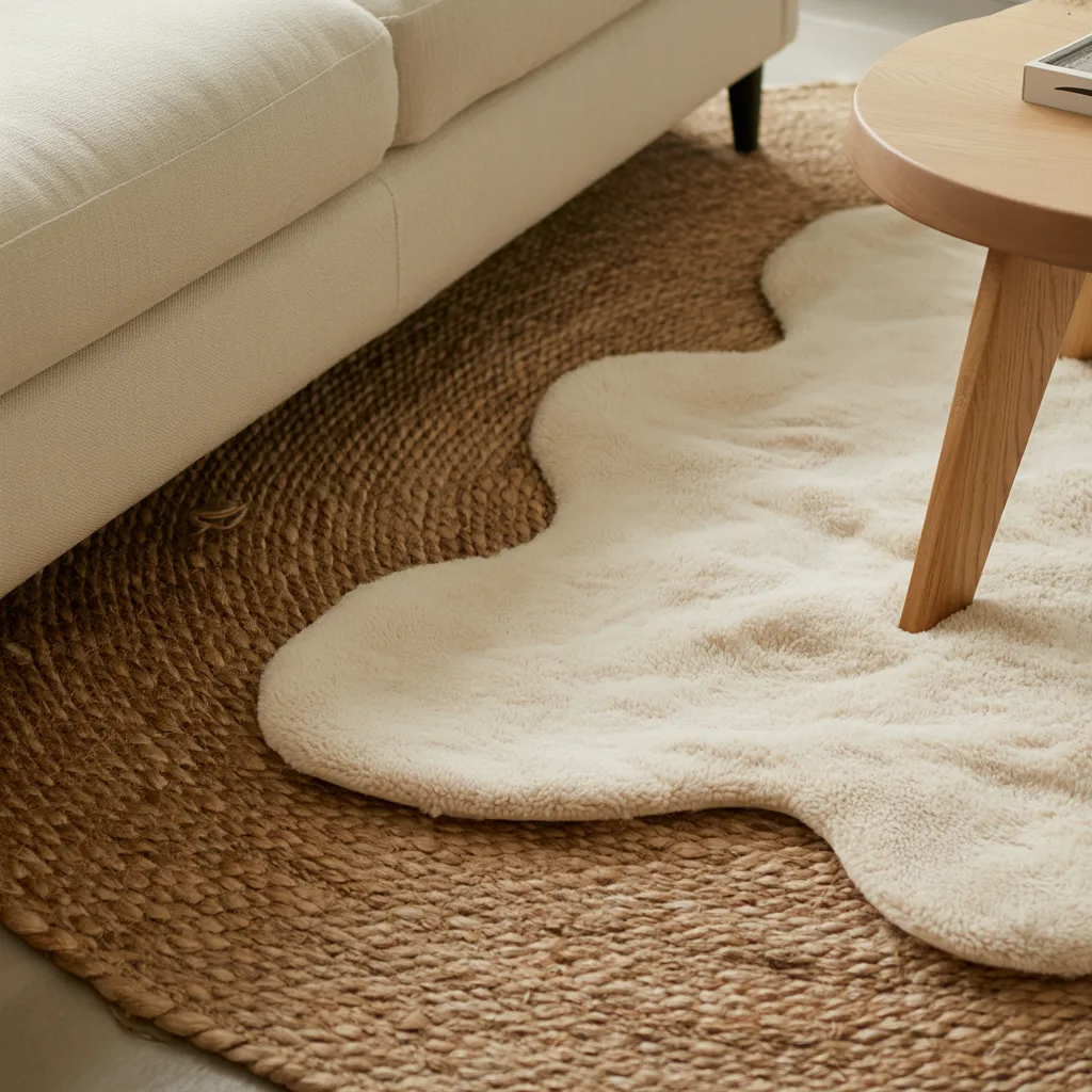 Minimalist living room floor with layered natural jute base rug and plush ivory bouclé accent rug