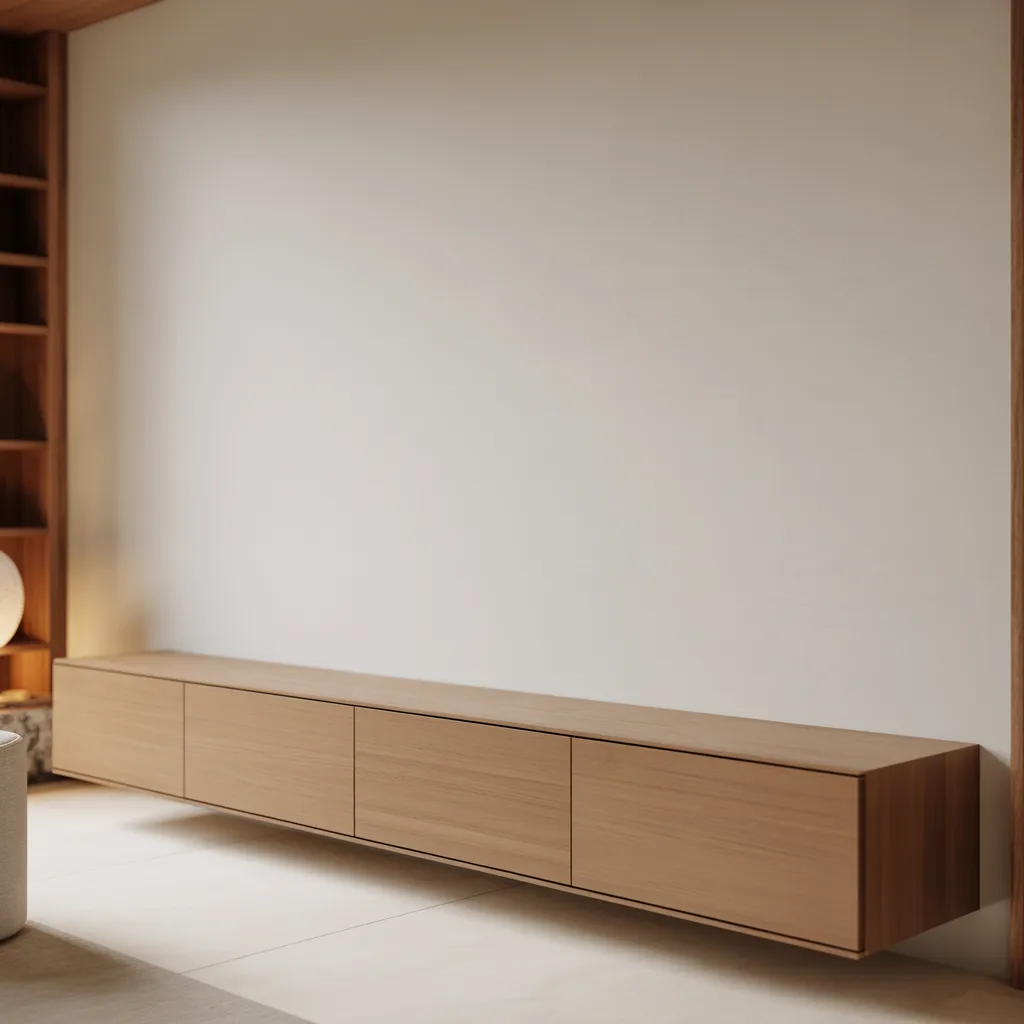 Minimalist living room with wall-mounted floating white oak media console hiding all cables and wires