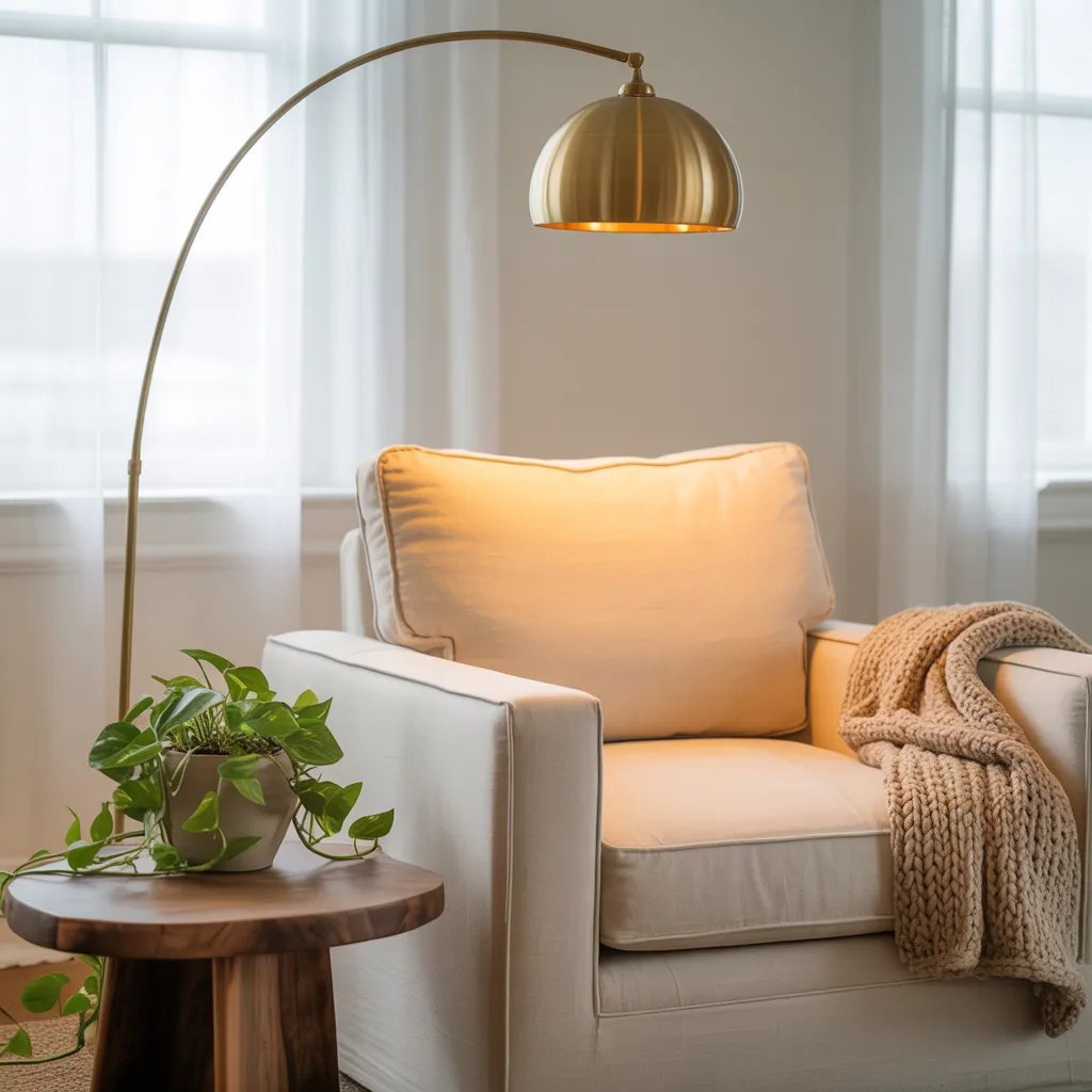 Cozy minimalist living room reading nook with linen armchair, arc floor lamp, and live-edge side table