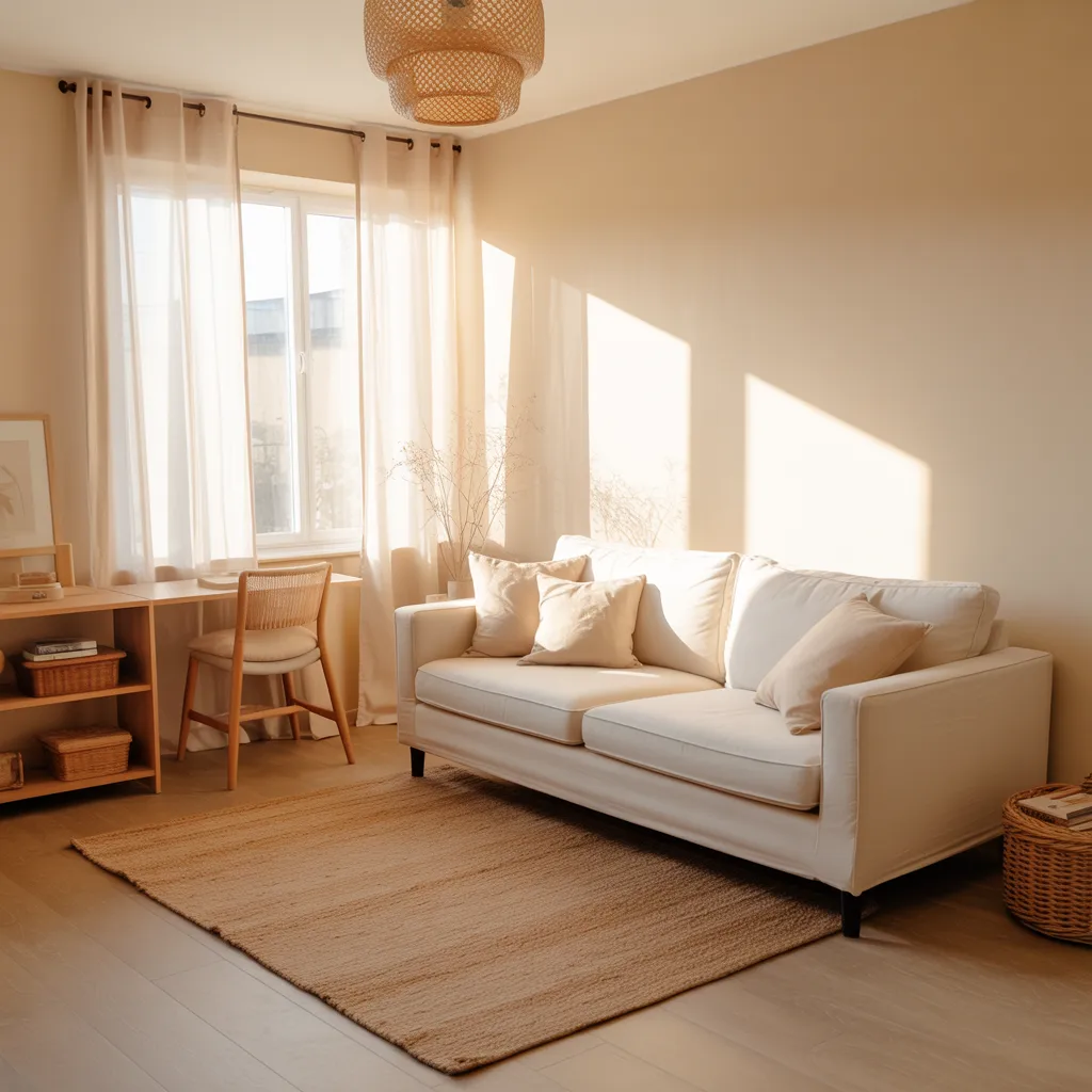  Small cozy apartment living room with warm ivory and cream neutral color palette