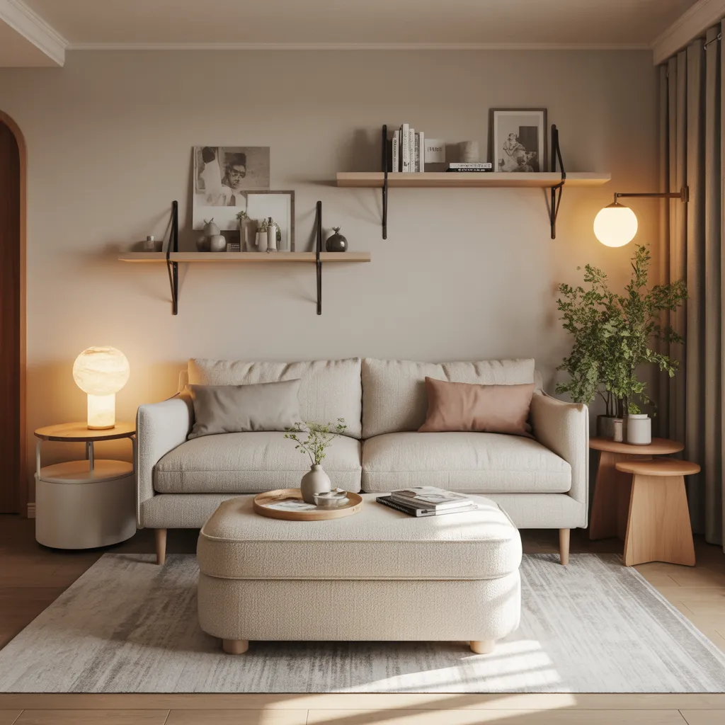 Small apartment living room with storage ottoman coffee table, compact sofa, and floating shelves