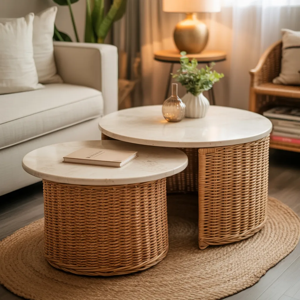 Small apartment living room with nesting travertine and rattan coffee tables on jute rug