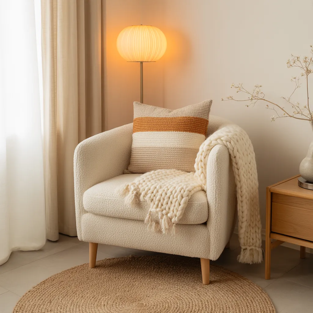  Small cozy apartment living room with bouclé armchair, chunky knit throw, and layered linen textures